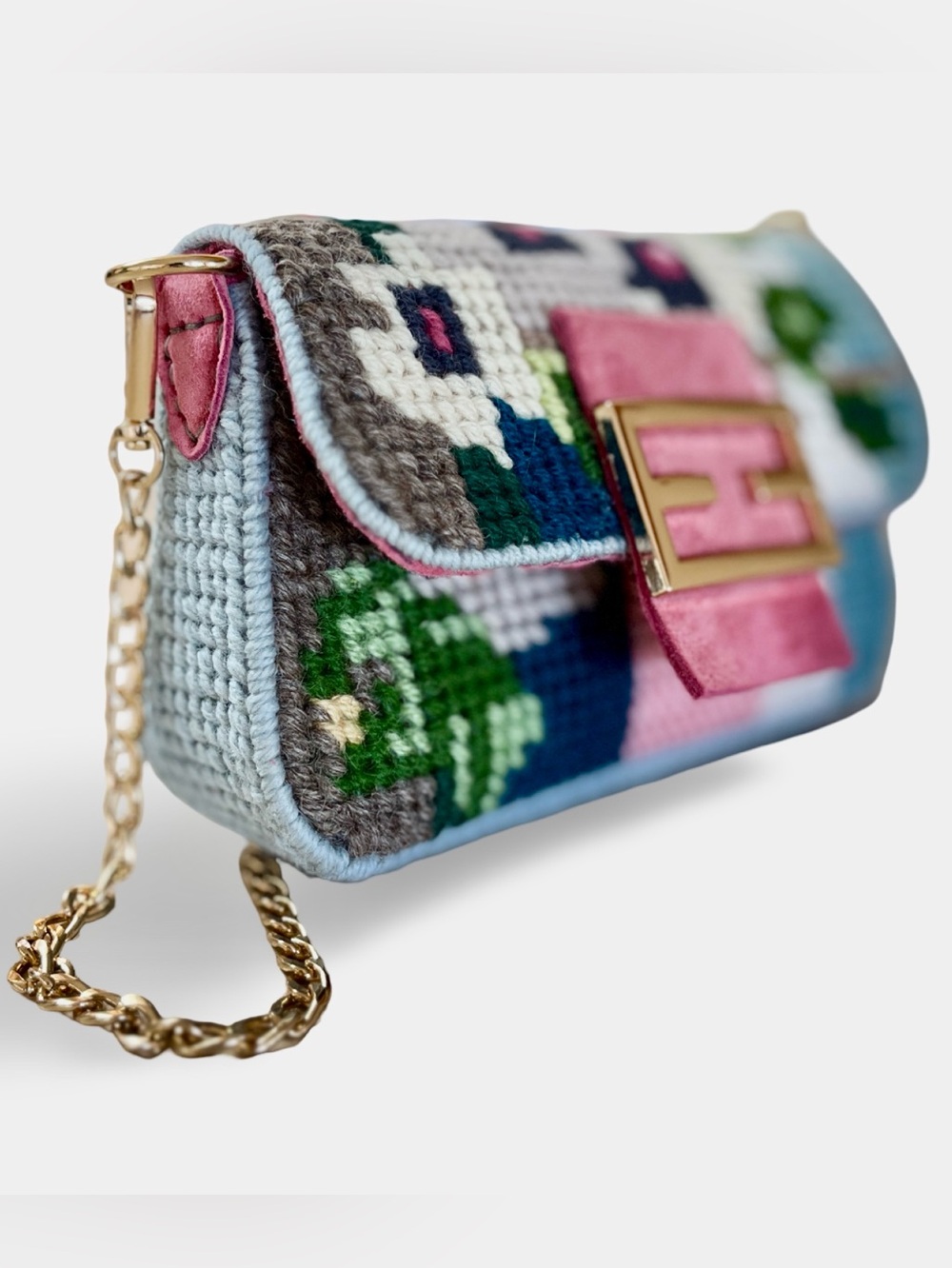 Needlepoint Mini Baguette Floral Small Clutch or Gold Chain Strap Sholder Bag